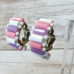 Vintage Clip On Earrings White, Purple, Pink Large Chunky Half Hoops